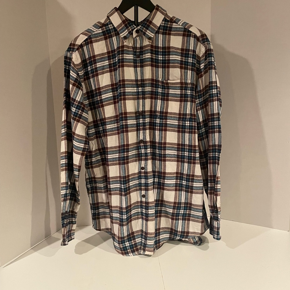 Men’s Flannel Shirt Blue Red Plaid Button Down Size L Casual Fall Winter